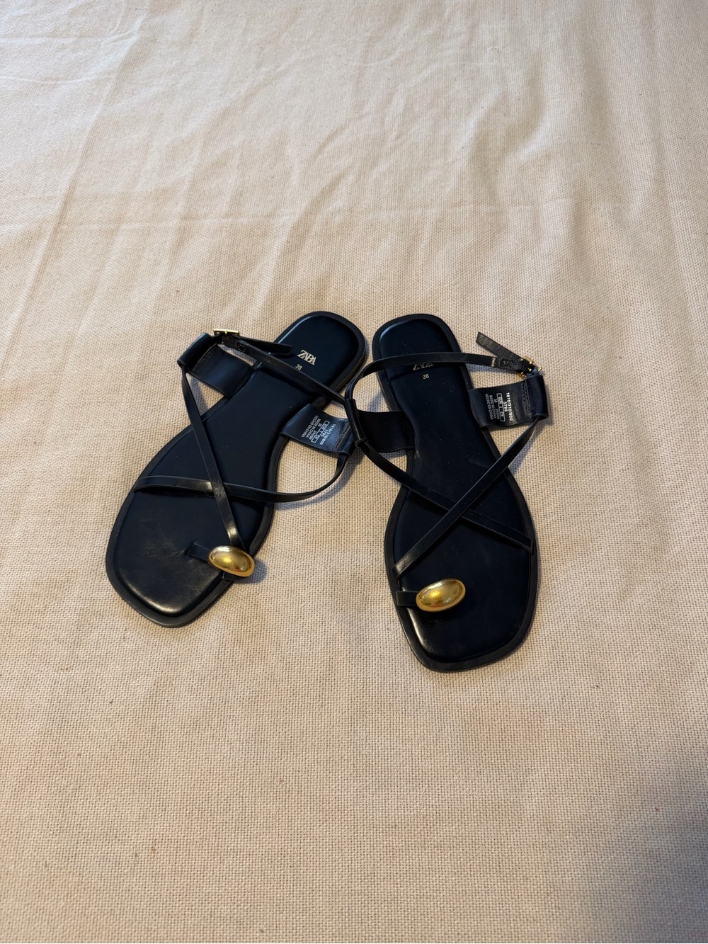 Zara Black Leather Strappy Sandals with Gold Oval Accent